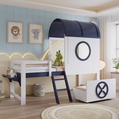 Etagenbett Kinderbett 90x200cm Weiß Dunkelblau mit Schublade Schrägleiter