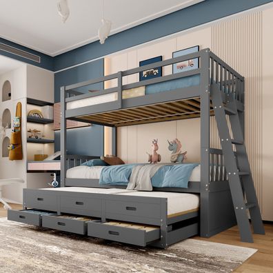 Etagenbett 90x200cm Kinderbett Hausbett mit Leiter Ausziehbar 3 Schubladen Grau