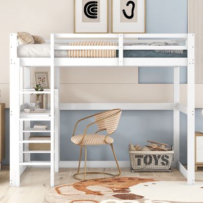 Kinderhochbett Kiefer Weiß 140x200cm mit Stauraum, Ablagen, Schreibtischplatte