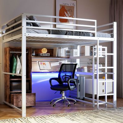 Hochbett 140x200cm Metall Weiß LED Schreibtisch Schublade Regale Treppe