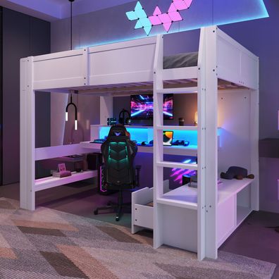 Hochbett Gaming 140x200cm LED Schreibtisch Schublade Regale Weiß