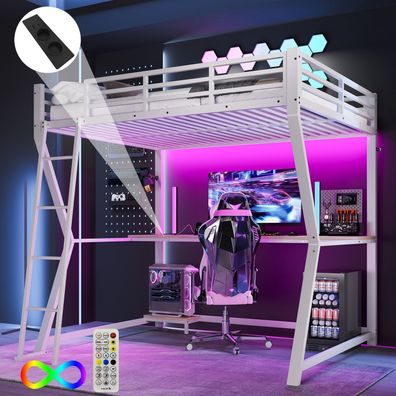 Hochbett 140x200cm Weiß mit LED, Schreibtisch, Steckdose+USB, Geländer, Treppe