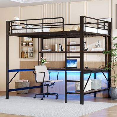 Hochbett 140x200cm Schwarz Metall Mit Geländer Trittleiter LED USB Steckdose