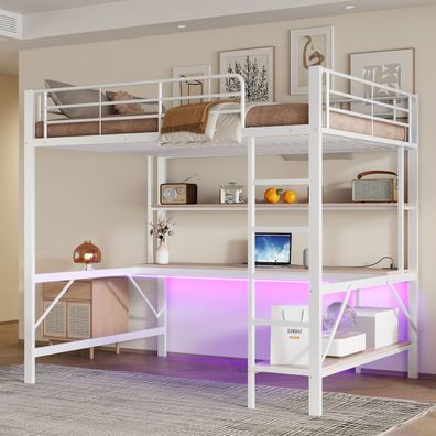 Hochbett 140x200cm Weiß Metall Geländer Trittleiter USB LED Schreibtisch Regal