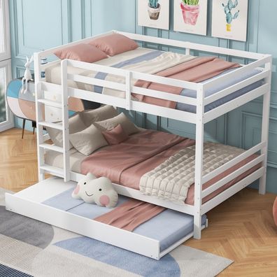 140x200cm Kinder Etagenbett mit Ausziehbett Weiß Hohe Geländer Stabile Treppe