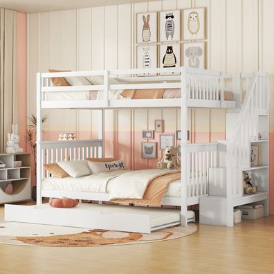 140x200cm Etagenbett mit Rollbett Treppenregal Geländer EN747-1 weiß