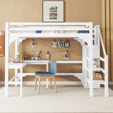Hochbett 140x200cm Kiefernholz Weiß L-Schreibtisch Kleiderschrank minimalistisch