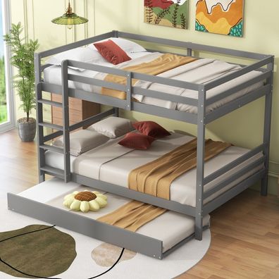 140x200cm Kinder Etagenbett mit Ausziehbett Hohe Geländer Grau