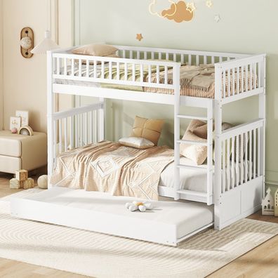 90x200cm Kinder Etagenbett Weiß mit Ausziehbett Hohe Geländer Stabile Treppe
