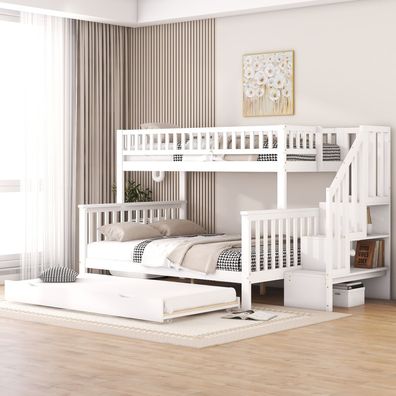 Etagenbett Kiefer weiß 90x200/140x200cm mit Lattenrost Rollcontainer Treppe