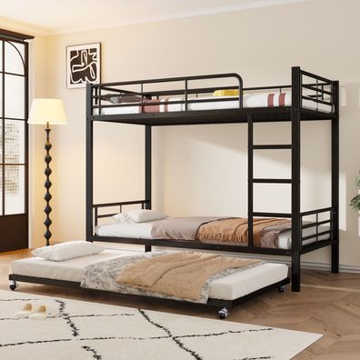 Eisenbett Etagenbett mit Ausziehbett Schwarz 90x200cm&90x190cm Kinder