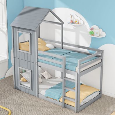 90x200cm Kinder Etagenbett massivholz grau mit Leiter & Baldachin