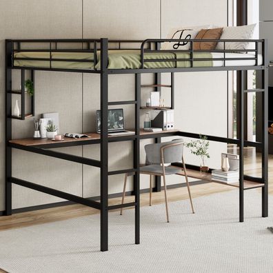Hochbett 140x200cm Metallbett mit Schreibtisch Regalen Schwarz Ohne Matratze