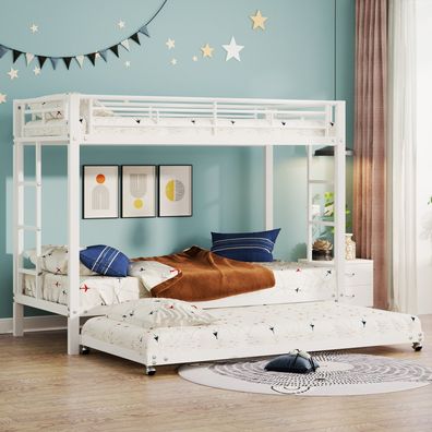 90x200cm Etagenbett Weiß mit Ausziehbett Eisenrahmen Kinderbett EN747