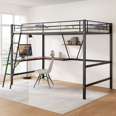 90x200cm Metallbett Hochbett mit Schreibtisch Regal Schwarz Kinder Jugendliche
