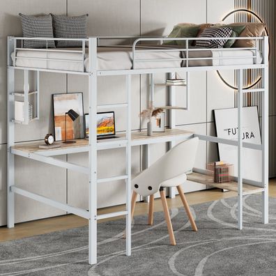 90x200cm Weiß Metallbett Hochbett mit Schreibtisch Bücherregal