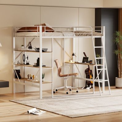 90x200cm Weiß Metallbett Hochbett mit Schreibtisch Ablagen Kinder Jugendliche