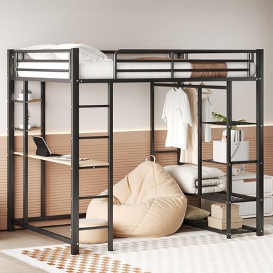 Metall-Hochbett 140x200cm Schwarz mit Leiter Tisch Kleiderbügeln Ablagefächern