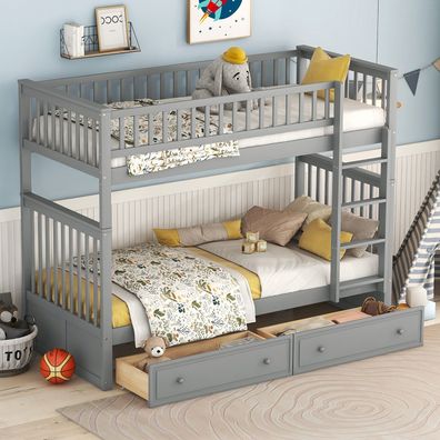 90x200cm Grau Etagenbett mit Schubladen Kinderfunktionelles Bett
