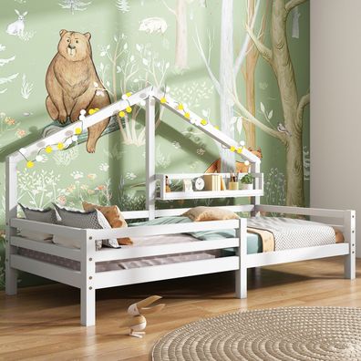 Hausbett Kinderbett 90x200 Weiß mit Ablageregal Kaminform