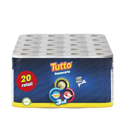 Tutto Pannocarta 3 in 1 Mehrzweck-Papierrollen 20 Rollen 48 Abrisse