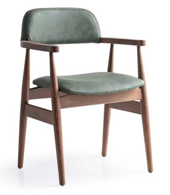 Stuhl Mid Century Grün Braun Leder Holz Retro Edel Armlehnenstuhl Neu