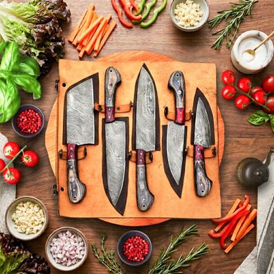 Hand Forged Damascus Steel Chef Knife Set - 5 PCS Professional Kitchen Knives