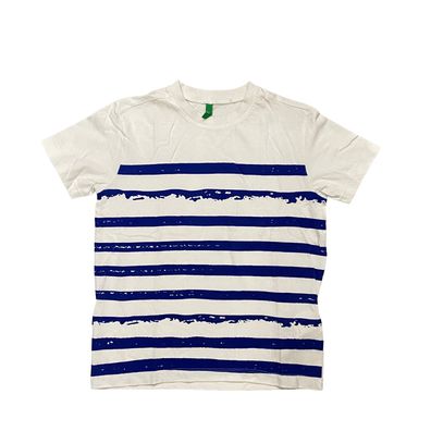 Benetton Jungen T-Shirt Gr. 128 Weiß Blau Streifen Shirt Sehr Gut