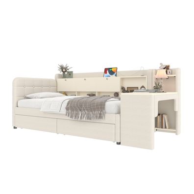 Sonnenh Tagesbett Beige 90 x 200 cm mit USB & Stauraum