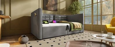 Polstertes Sofabett 90x190 cm Grau Samt Hydraulik Stauraum USB Type-C
