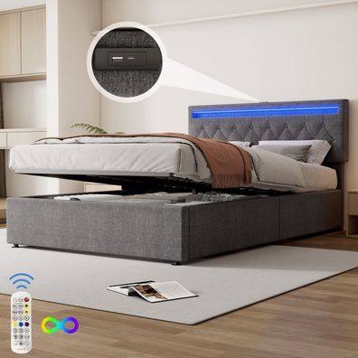 140x200cm flaches gepolstertes Bett mit Umgebungslicht USB Typ-C Stauraum