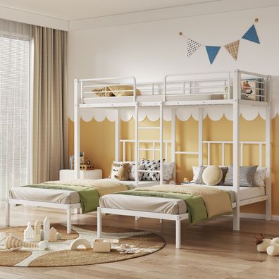 Dreierbett Kinder Jugendliche Eisenbett Fallschutzgitter Weiß 90x200cm*3