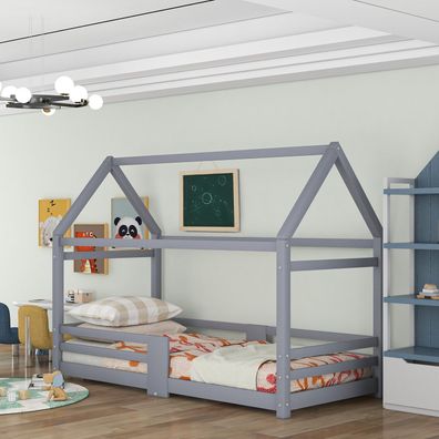 Kinderbett Hausbett 90x200cm Kiefernholz Grau mit Lattenrost Rausfallschutz
