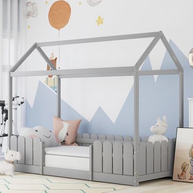 Hausbett 90x200cm Holz Kinderbett Grau Rausfallschutz Lattenrost Ohne Matratze