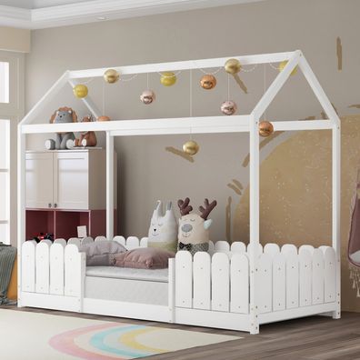 Hausbett 90x200 cm Holz Kinderbett Weiß Rausfallschutz Lattenrost Ohne Matratze