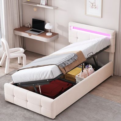 Kinderbett 90x200cm, LED-Beleuchtung, höhenverstellbares Kopfteil, Samt, Beige