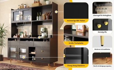 Esszimmer-Hochschrank 145x39x171cm Schwarz Golddekor Lochglastüren