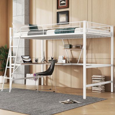 Hochbett 90x200cm Metall mit L-Schreibtisch & Regal, weiß