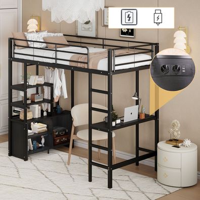 Hochbett 90x200cm mit Schreibtisch, Steckdose & Regalen, schwarz