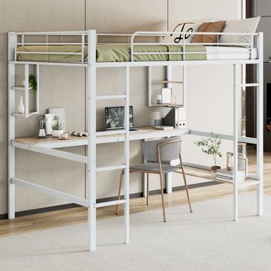Hochbett 140x200cm Metall mit Schreibtisch & 5 Regalen, weiß