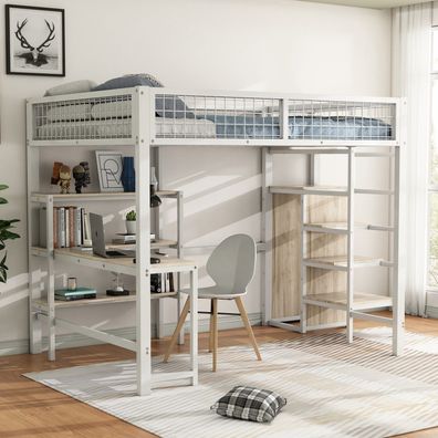 Hochbett, 140x200 cm, Eisenbett mit Regalen, Schrank & Schreibtisch, Weiß