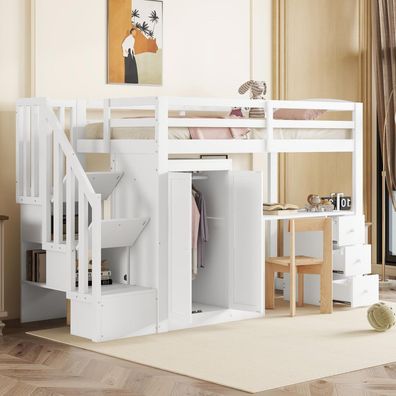 Hochbett 90x200cm mit Schrank, Treppe & Schreibtisch, weiß