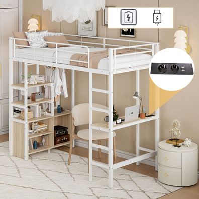 Hochbett 90x200cm mit Schreibtisch, Steckdose/USB & Regalen, weiß