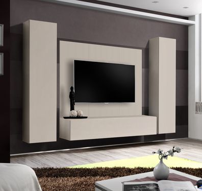 Anbauwand Wohnwand FLY A-P Cashmere mit Led Beleuchtung und Push-Click