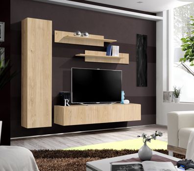 Anbauwand Wohnwand FLY G Hickory Jackson mit Led Beleuchtung und Push-Click