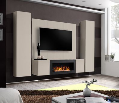 Wohnwand FLY M-P Cashmere mit Push-Click mit Bio Ethanol Kamin und Led