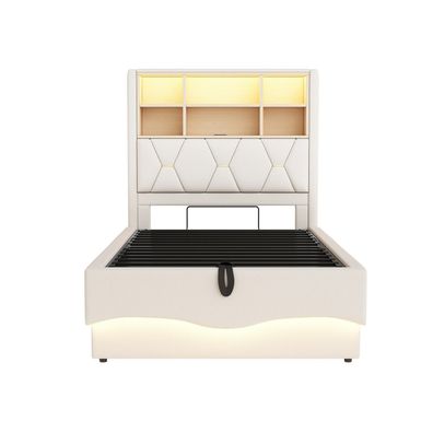 Sonnenh Bettgestell Beige 90 x 200 cm mit USB & LED & Stauraum