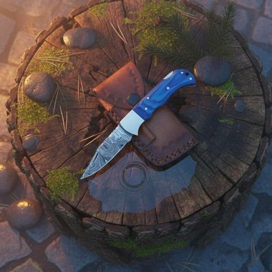 Hand-Forged Damascus Folding Pocket Knife Blue Rosewood Handle EDC Groomsman Gift