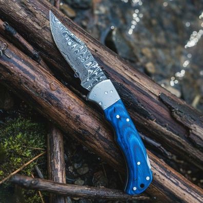 Handmade Damascus Steel Pocket Knife Blue Handle EDC Folding Knife, Best Man Gifts