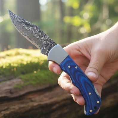 Damascus Steel Pocket Knife 6.5” Handmade Blue Handle EDC Folding Knife birthday gift